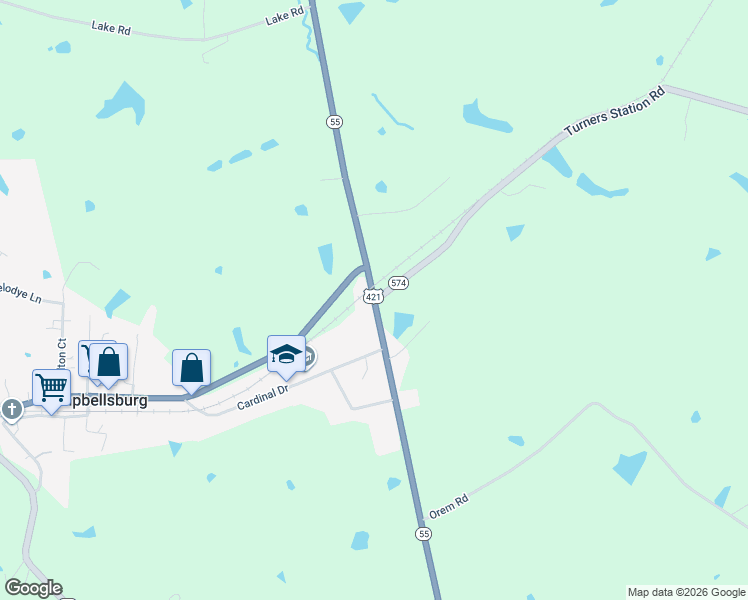 map of restaurants, bars, coffee shops, grocery stores, and more near State Highway 574 in Campbellsburg