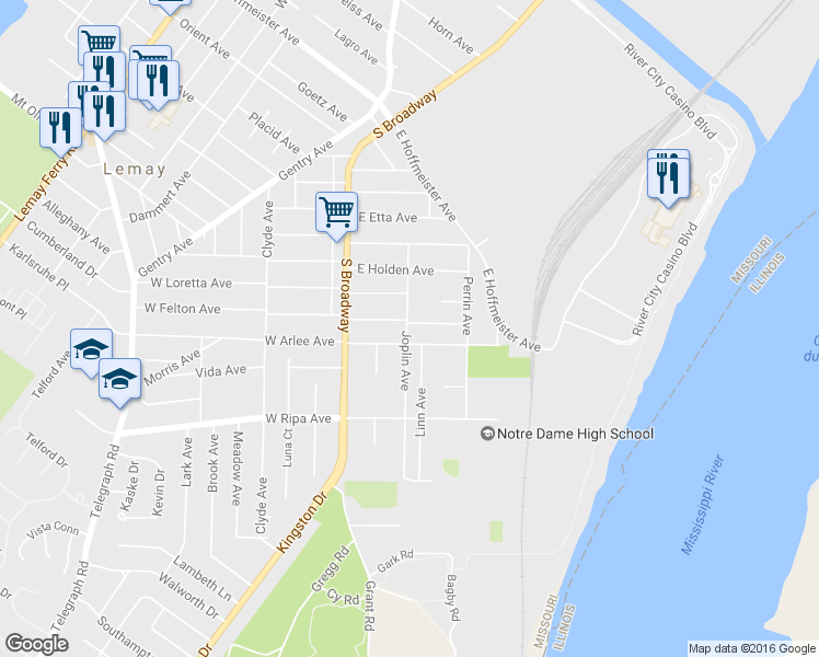 map of restaurants, bars, coffee shops, grocery stores, and more near 200 East Felton Avenue in Saint Louis