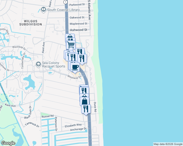 map of restaurants, bars, coffee shops, grocery stores, and more near 112 Island House Road in Bethany Beach