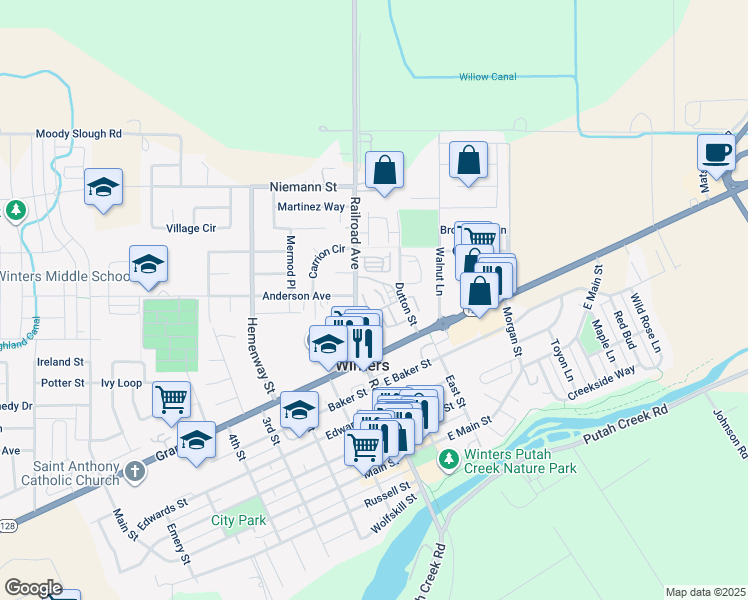 map of restaurants, bars, coffee shops, grocery stores, and more near 801 Railroad Avenue in Winters