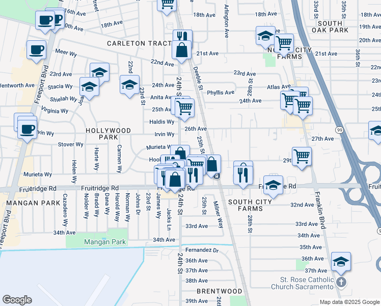 map of restaurants, bars, coffee shops, grocery stores, and more near 2461 27th Avenue in Sacramento