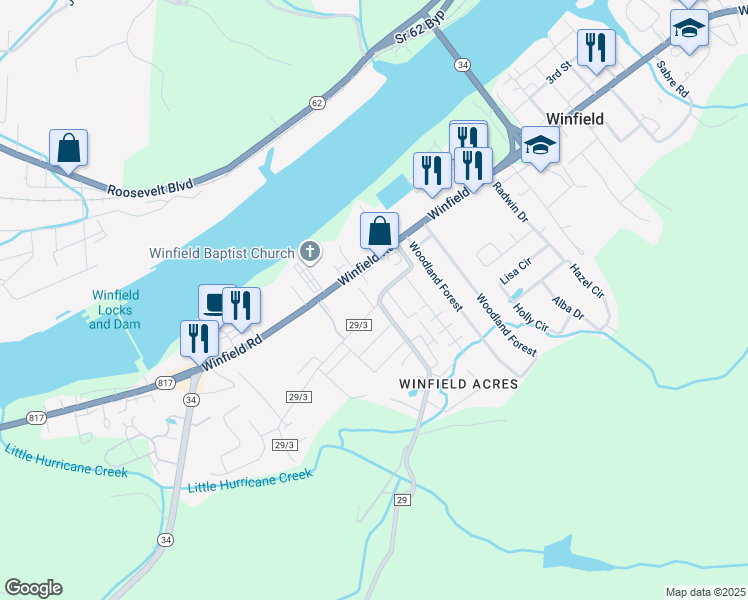 map of restaurants, bars, coffee shops, grocery stores, and more near 6191 Rocky Step Road in Winfield