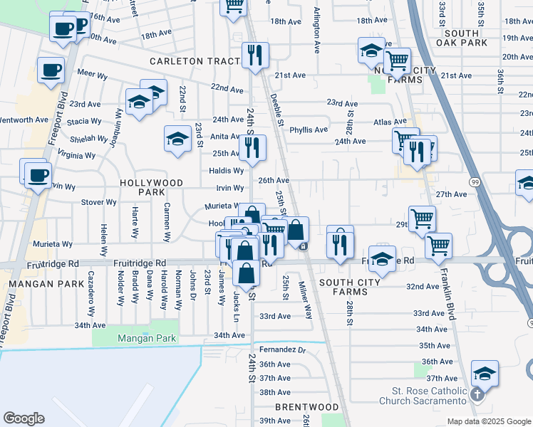 map of restaurants, bars, coffee shops, grocery stores, and more near 2461 27th Avenue in Sacramento