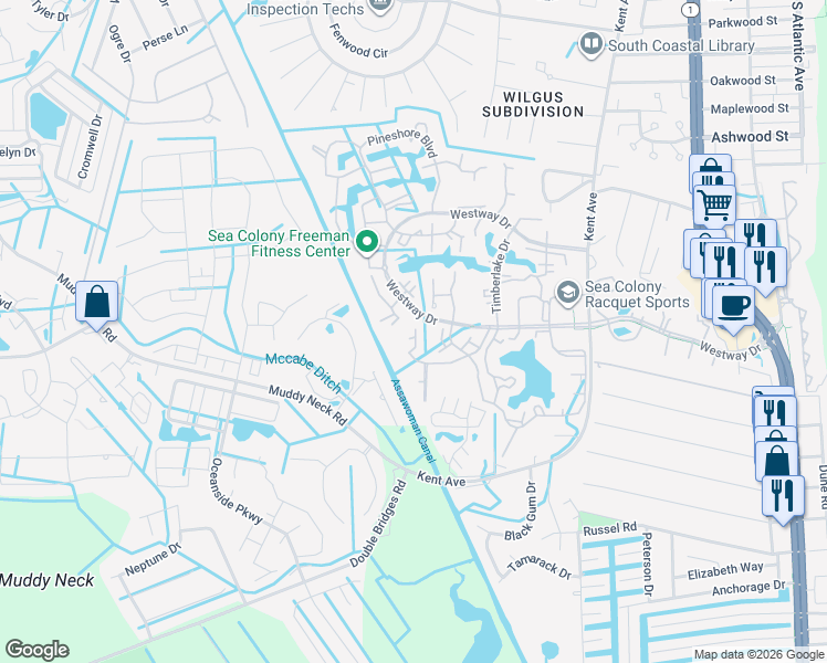map of restaurants, bars, coffee shops, grocery stores, and more near 52051 Canal Court in Bethany Beach