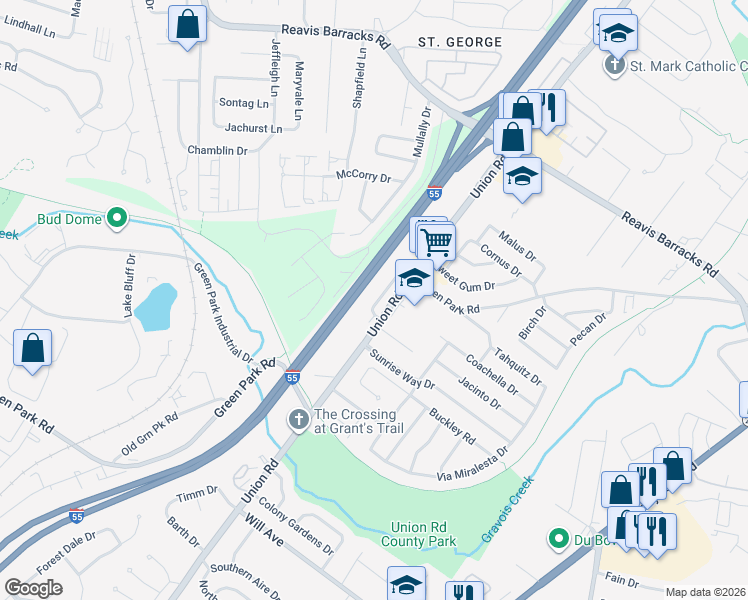 map of restaurants, bars, coffee shops, grocery stores, and more near 4309 Sunridge Drive in St. Louis