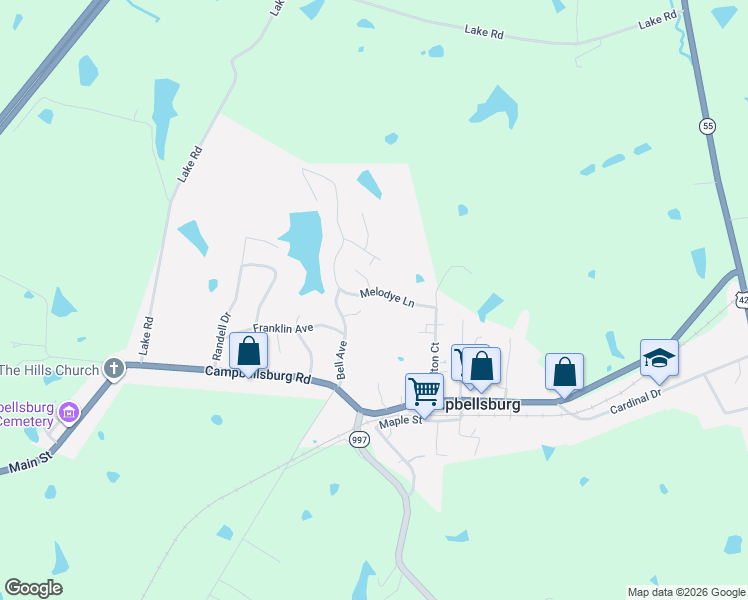 map of restaurants, bars, coffee shops, grocery stores, and more near 380 Melodye Lane in Campbellsburg