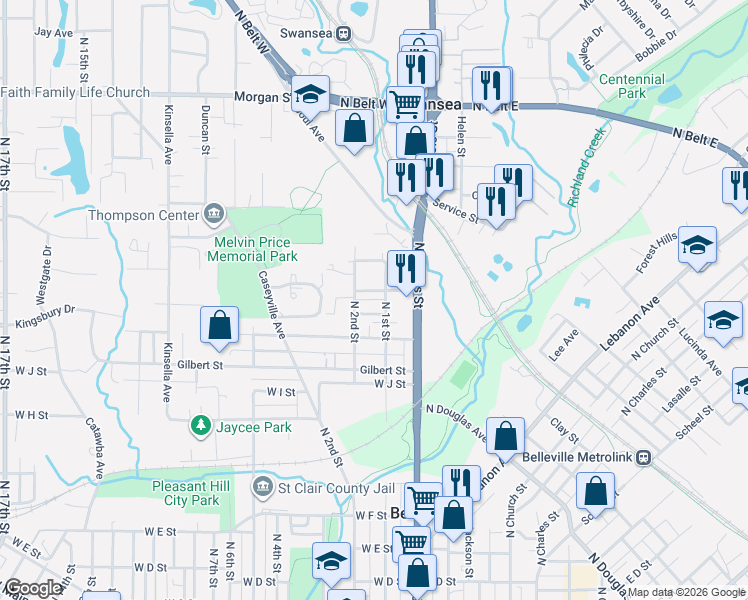 map of restaurants, bars, coffee shops, grocery stores, and more near 1400 North 2nd Street in Belleville