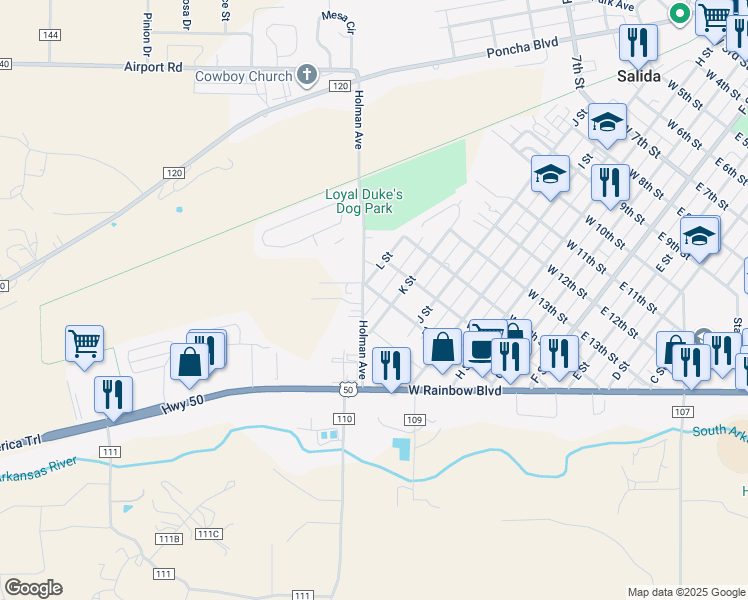 map of restaurants, bars, coffee shops, grocery stores, and more near 1602 Holman Avenue in Salida