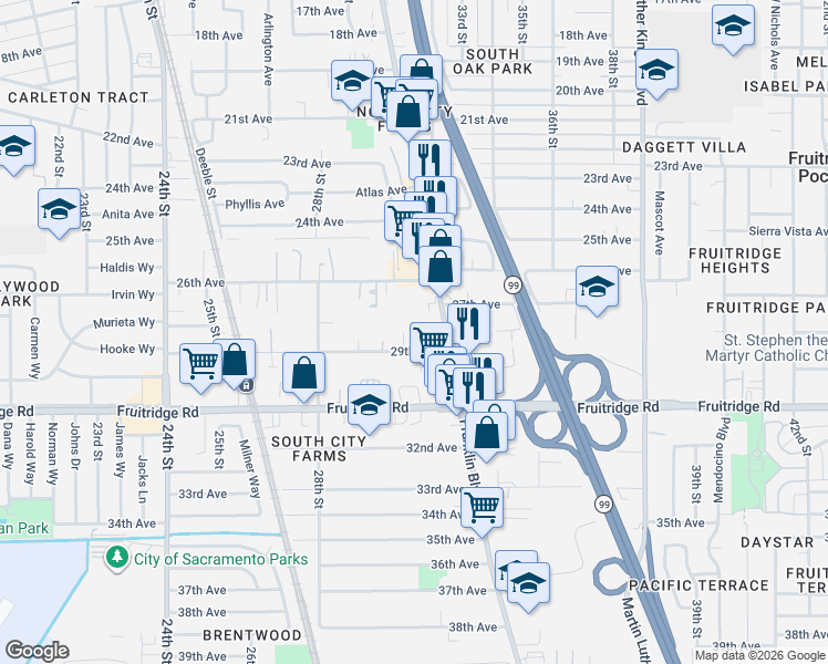 map of restaurants, bars, coffee shops, grocery stores, and more near 5240 Franklin Boulevard in Sacramento