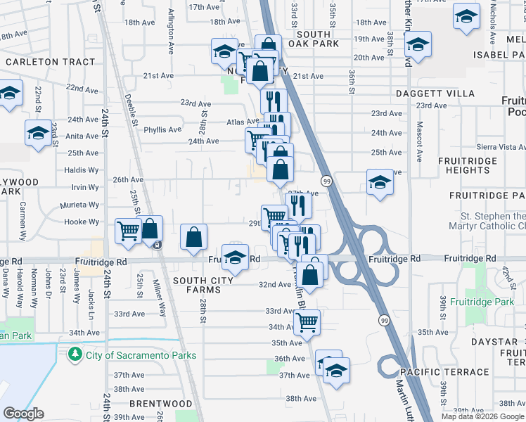 map of restaurants, bars, coffee shops, grocery stores, and more near 5240 Franklin Boulevard in Sacramento