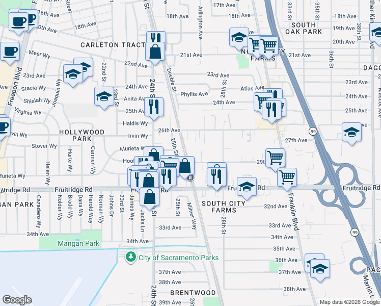 map of restaurants, bars, coffee shops, grocery stores, and more near 5281 25th Street in Sacramento