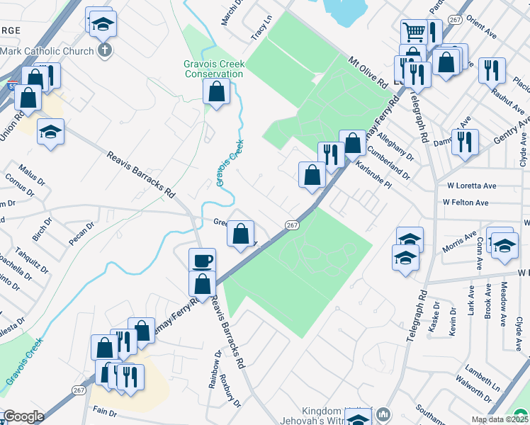map of restaurants, bars, coffee shops, grocery stores, and more near 3634 Park Crest Drive in St. Louis