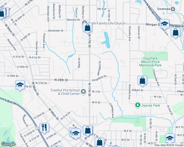 map of restaurants, bars, coffee shops, grocery stores, and more near 920 North 17th Street in Belleville