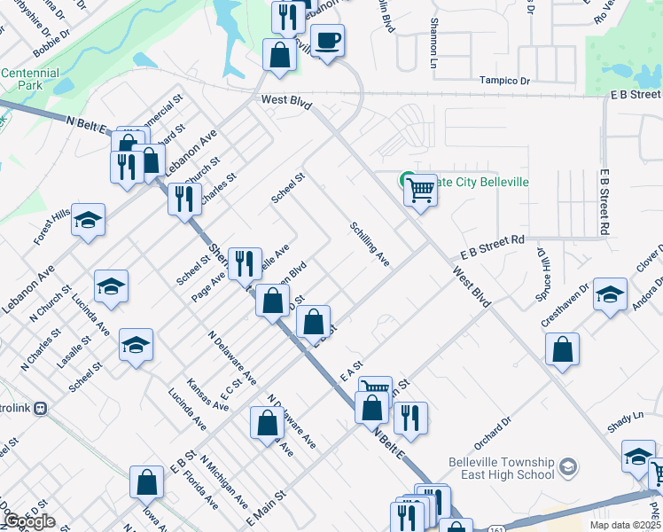 map of restaurants, bars, coffee shops, grocery stores, and more near 2008 Muren Boulevard in Belleville