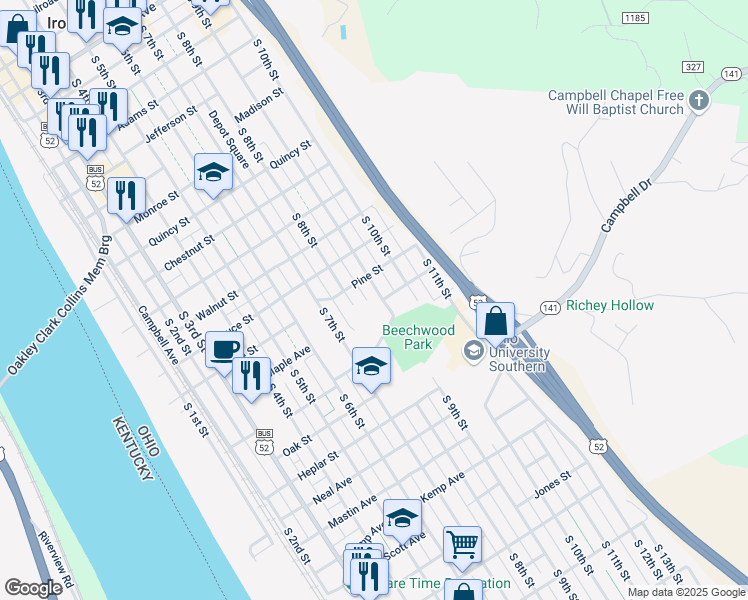 map of restaurants, bars, coffee shops, grocery stores, and more near 1412 South 9th Street in Ironton