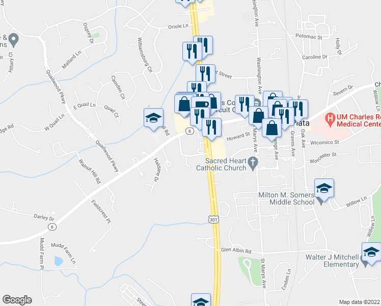 map of restaurants, bars, coffee shops, grocery stores, and more near 100 Wesley Drive in La Plata