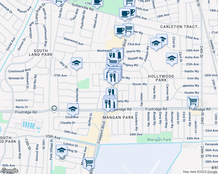 map of restaurants, bars, coffee shops, grocery stores, and more near 5150 Freeport Boulevard in Sacramento