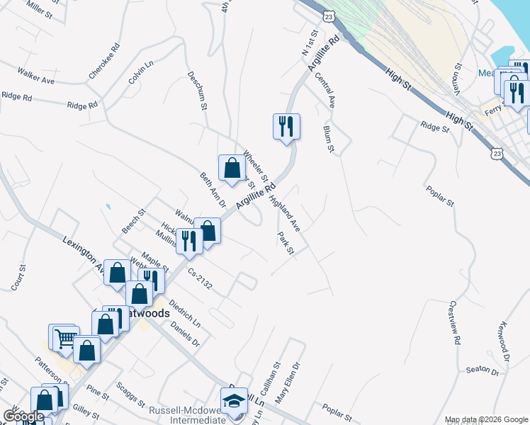 map of restaurants, bars, coffee shops, grocery stores, and more near 1117 Crestwood Court in Flatwoods