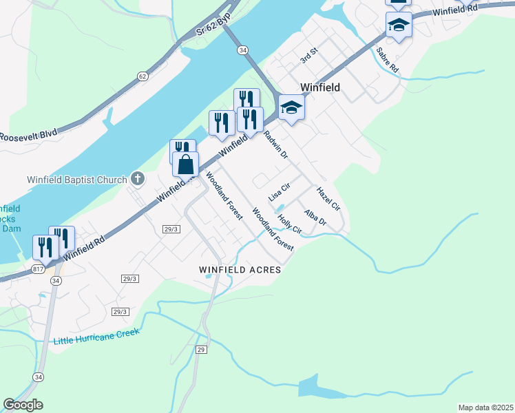 map of restaurants, bars, coffee shops, grocery stores, and more near 154 Lisa Cir in Winfield