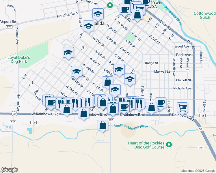 map of restaurants, bars, coffee shops, grocery stores, and more near 1012 D Street in Salida
