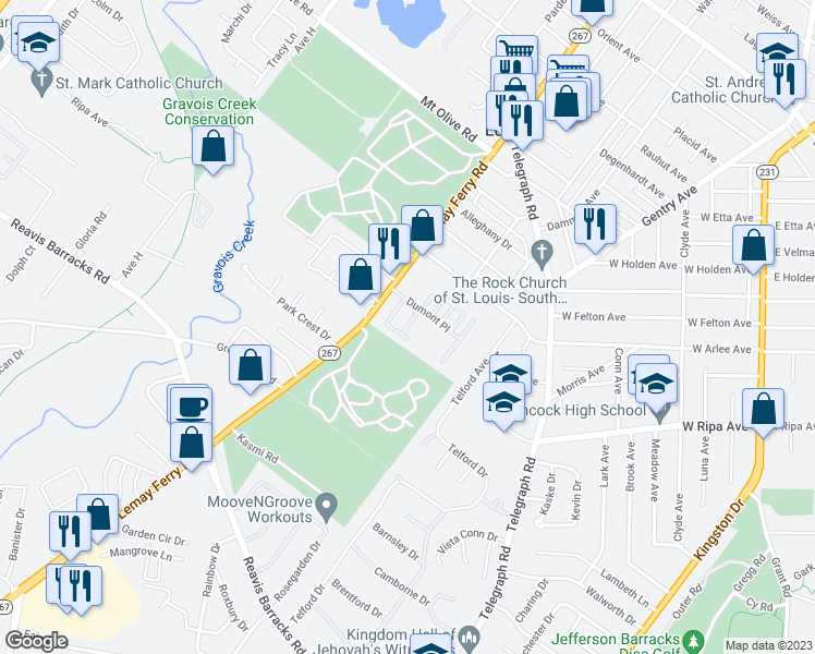 map of restaurants, bars, coffee shops, grocery stores, and more near 1711 Mayenne Court in St. Louis