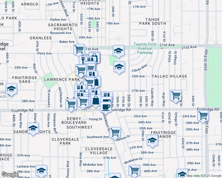 map of restaurants, bars, coffee shops, grocery stores, and more near 5501 27th Ave in Sacramento