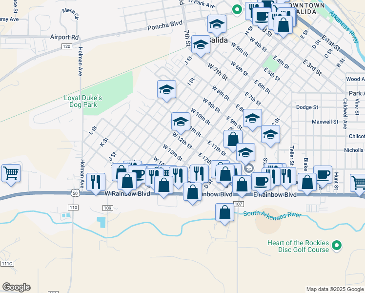 map of restaurants, bars, coffee shops, grocery stores, and more near 1209 G Street in Salida
