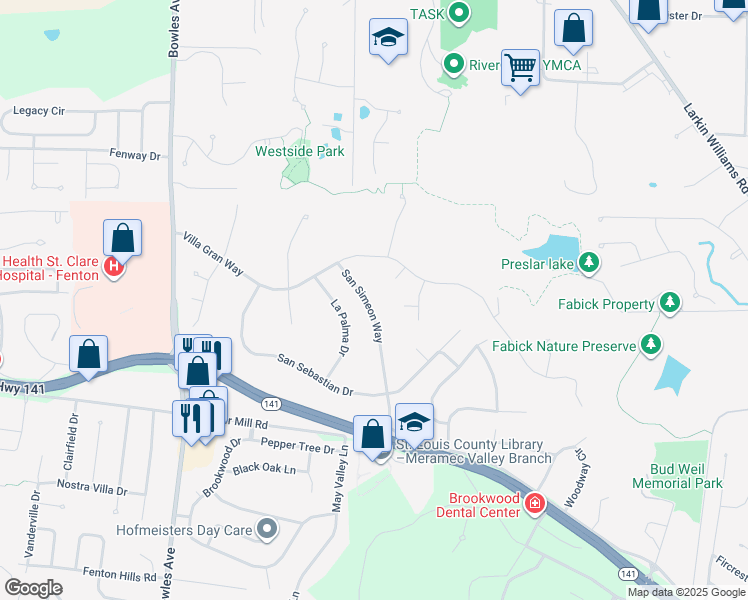 map of restaurants, bars, coffee shops, grocery stores, and more near 1692 San Simeon Way in Fenton