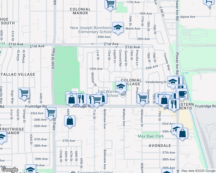 map of restaurants, bars, coffee shops, grocery stores, and more near 5399 Whittier Drive in Sacramento