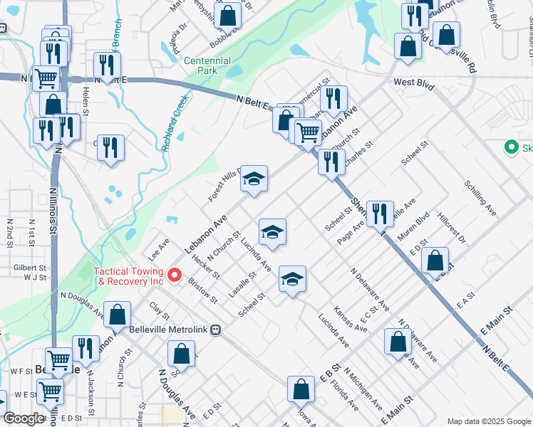 map of restaurants, bars, coffee shops, grocery stores, and more near 1514 North Church Street in Belleville