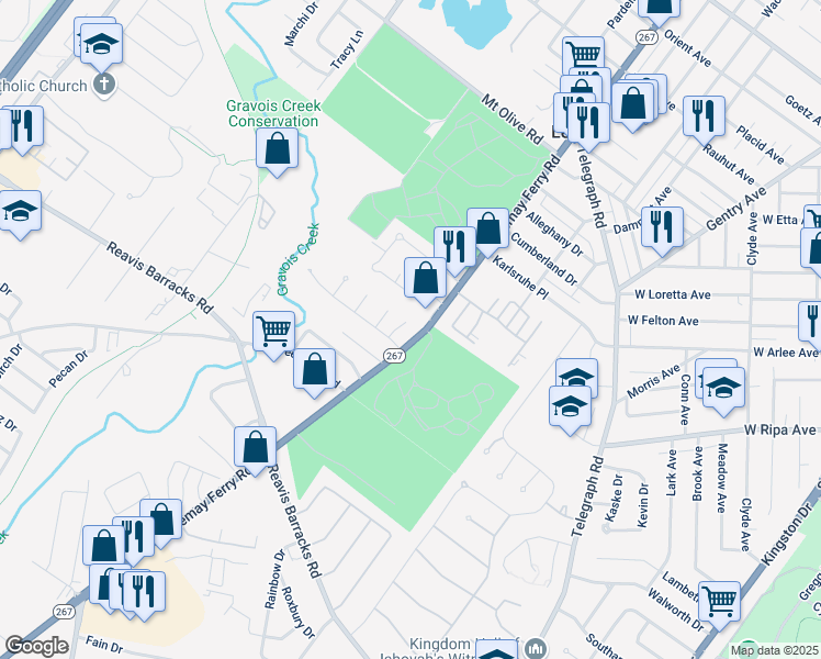 map of restaurants, bars, coffee shops, grocery stores, and more near 1825 Lemay Ferry Road in St. Louis