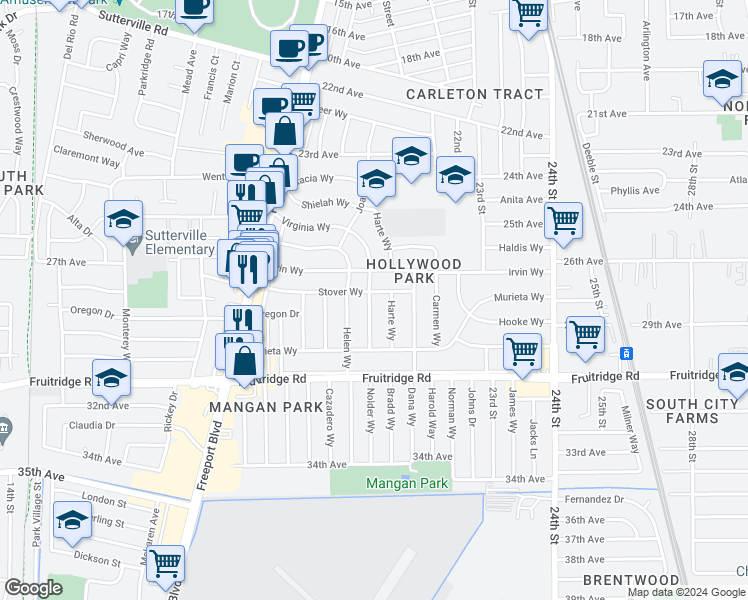 map of restaurants, bars, coffee shops, grocery stores, and more near 5201 Virginia Way in Sacramento