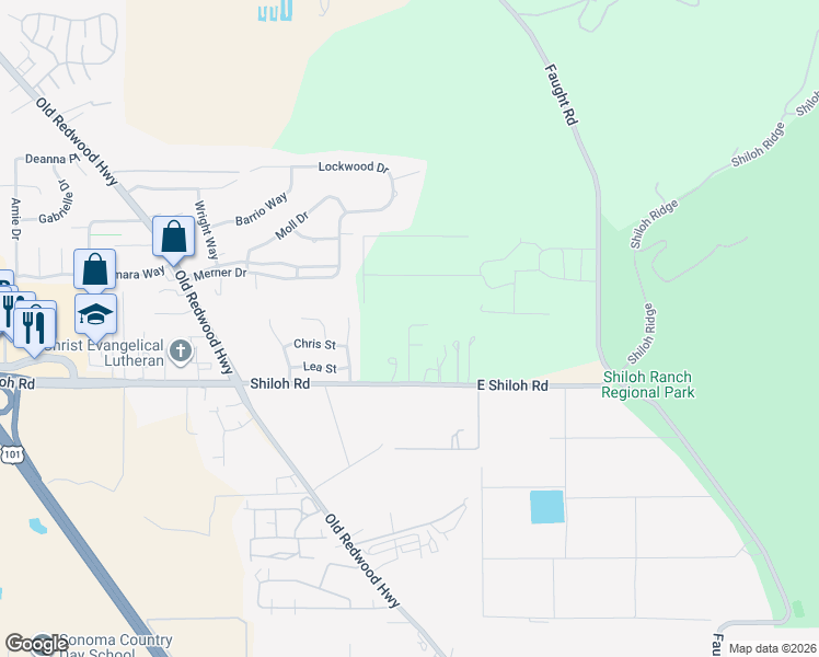 map of restaurants, bars, coffee shops, grocery stores, and more near 135 East Shiloh Road in Santa Rosa