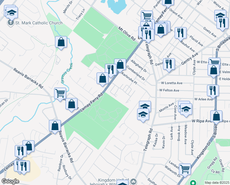 map of restaurants, bars, coffee shops, grocery stores, and more near 1711 Mayenne Court in St. Louis