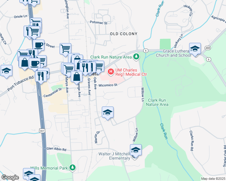 map of restaurants, bars, coffee shops, grocery stores, and more near 610 Worcester Street in La Plata