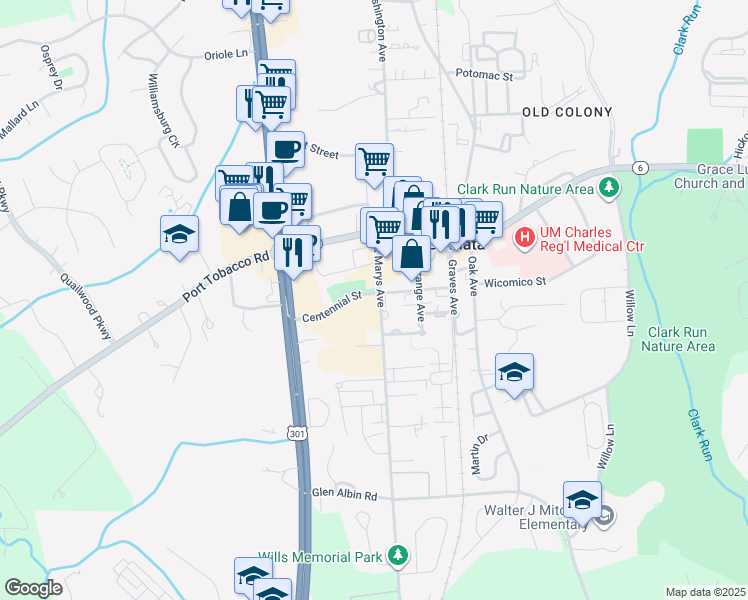map of restaurants, bars, coffee shops, grocery stores, and more near 107 Centennial Street in La Plata