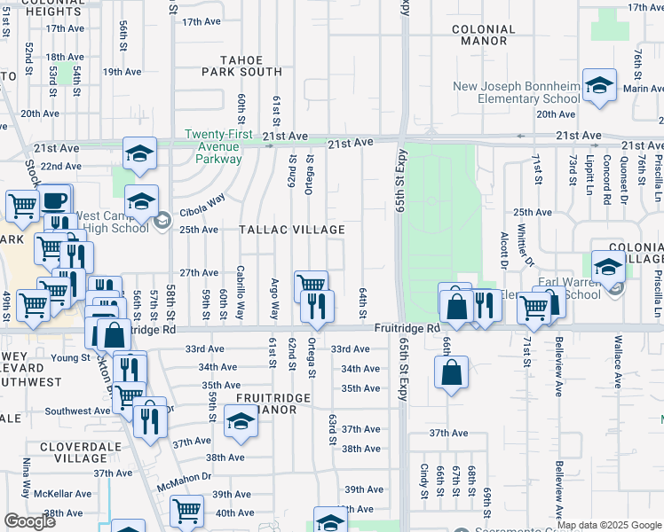 map of restaurants, bars, coffee shops, grocery stores, and more near 5213 63rd Street in Sacramento