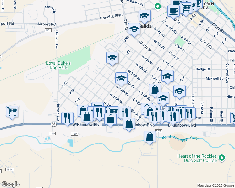 map of restaurants, bars, coffee shops, grocery stores, and more near 1209 G Street in Salida