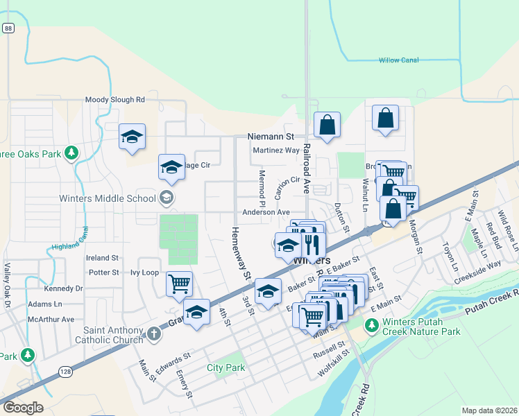 map of restaurants, bars, coffee shops, grocery stores, and more near 201 Anderson Avenue in Winters