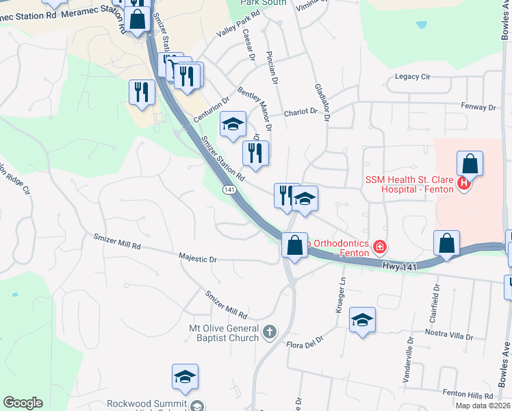 map of restaurants, bars, coffee shops, grocery stores, and more near 1721 Vandover Road in Fenton