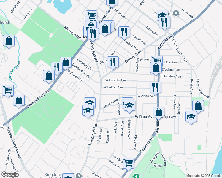 map of restaurants, bars, coffee shops, grocery stores, and more near 308 West Felton Avenue in St. Louis