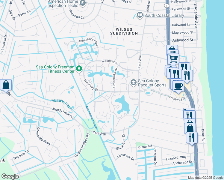 map of restaurants, bars, coffee shops, grocery stores, and more near 7303 Timberlake Court in Bethany Beach