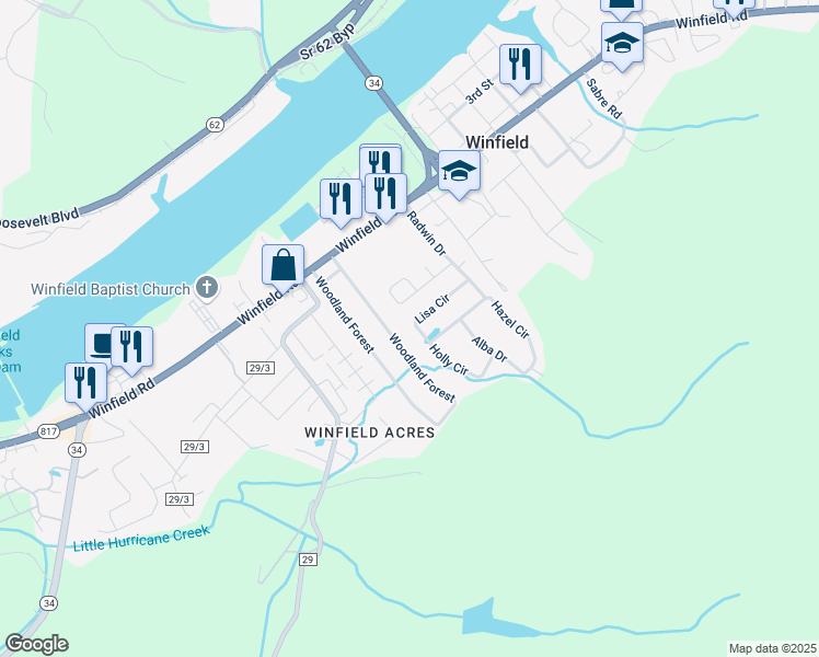 map of restaurants, bars, coffee shops, grocery stores, and more near 154 Lisa Cir in Winfield