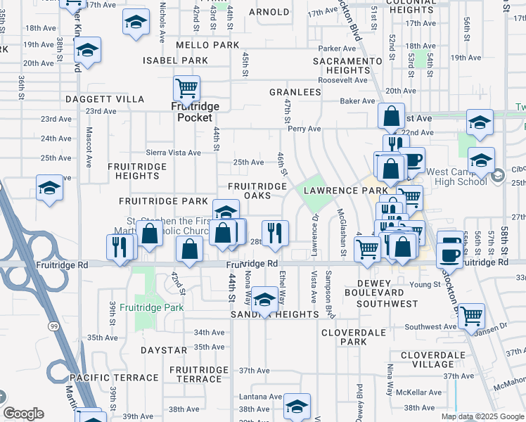 map of restaurants, bars, coffee shops, grocery stores, and more near 4551 Soledad Avenue in Sacramento