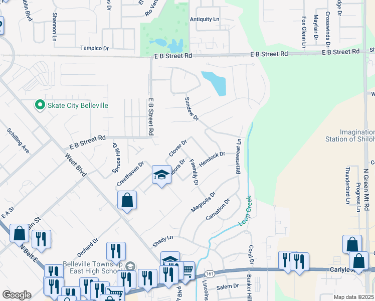 map of restaurants, bars, coffee shops, grocery stores, and more near 30 Fawnlily Drive in Belleville