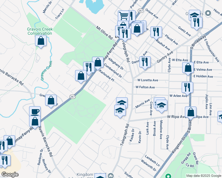 map of restaurants, bars, coffee shops, grocery stores, and more near 1672 Herault Place in St. Louis