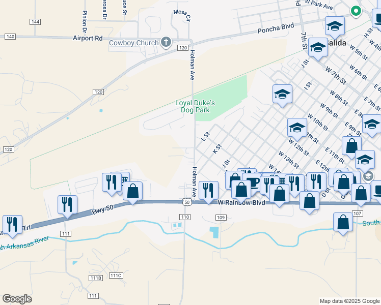 map of restaurants, bars, coffee shops, grocery stores, and more near 1602 Holman Avenue in Salida