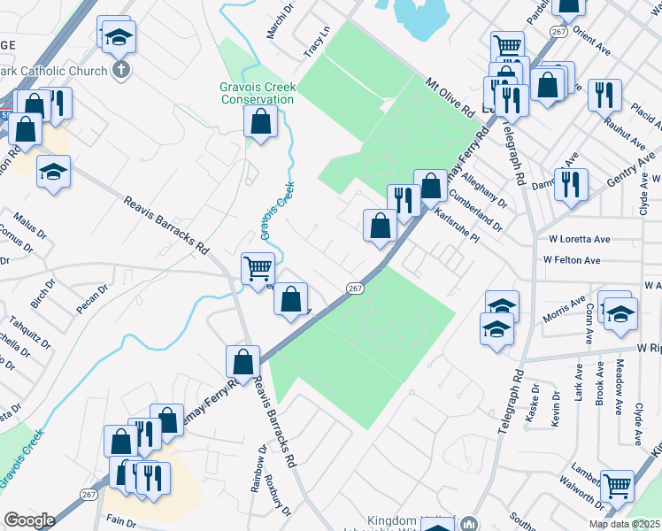 map of restaurants, bars, coffee shops, grocery stores, and more near 3634 Park Crest Drive in St. Louis