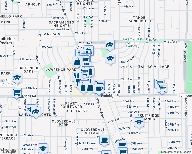 map of restaurants, bars, coffee shops, grocery stores, and more near 5303 Stockton Boulevard in Sacramento