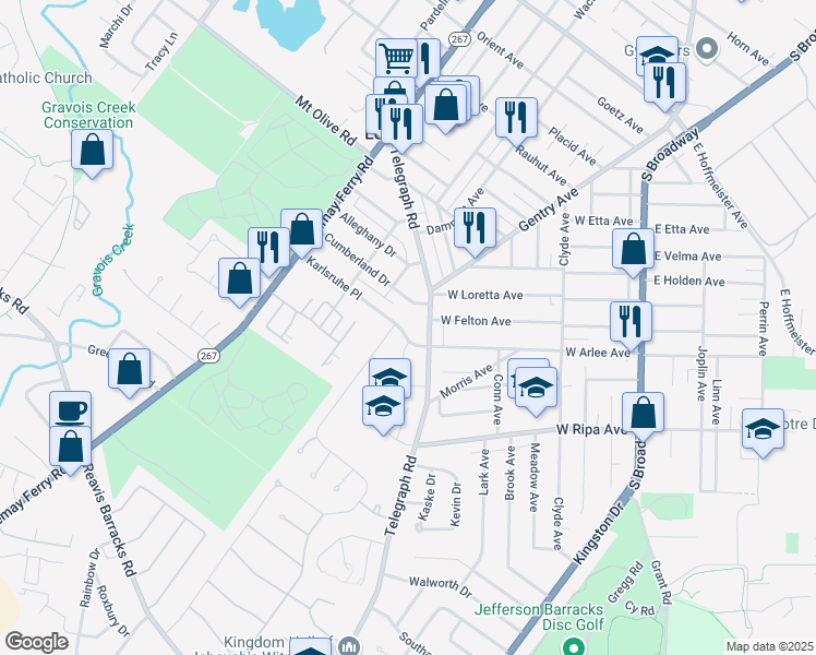 map of restaurants, bars, coffee shops, grocery stores, and more near 623 West Arlee Avenue in St. Louis